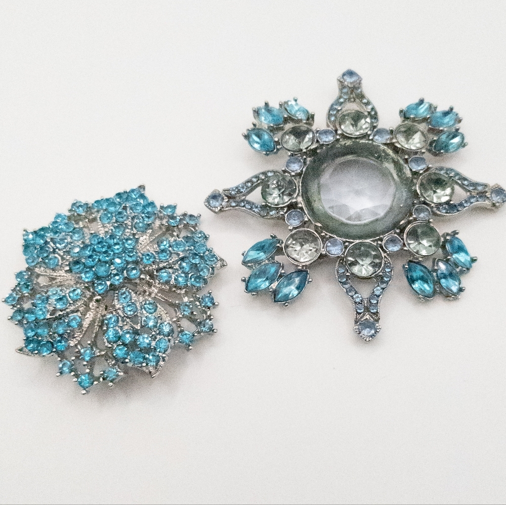 2 Large Blue Rhinestone Brooches